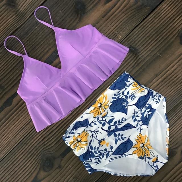 Glamorize Sexy High Waist Bikini Swimwear - Purple floral / S