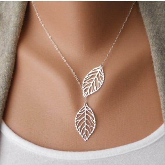 Two Leaves Pendant Clavicle Necklace - silver